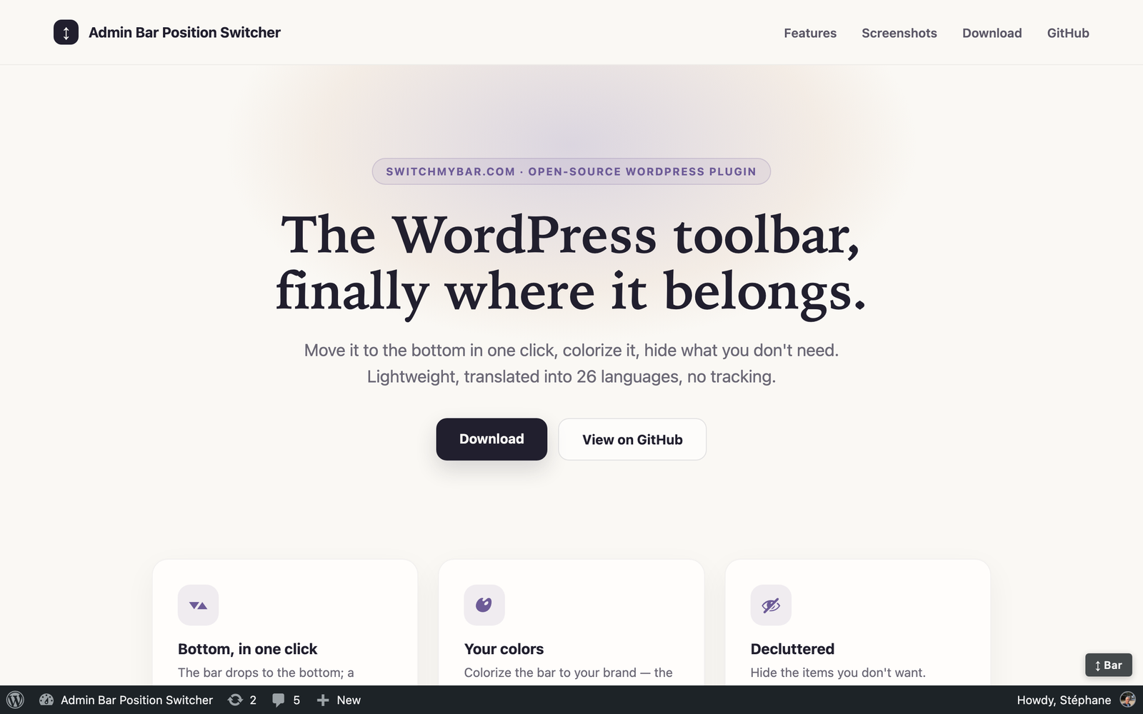 The WordPress toolbar at the bottom, with the switch button