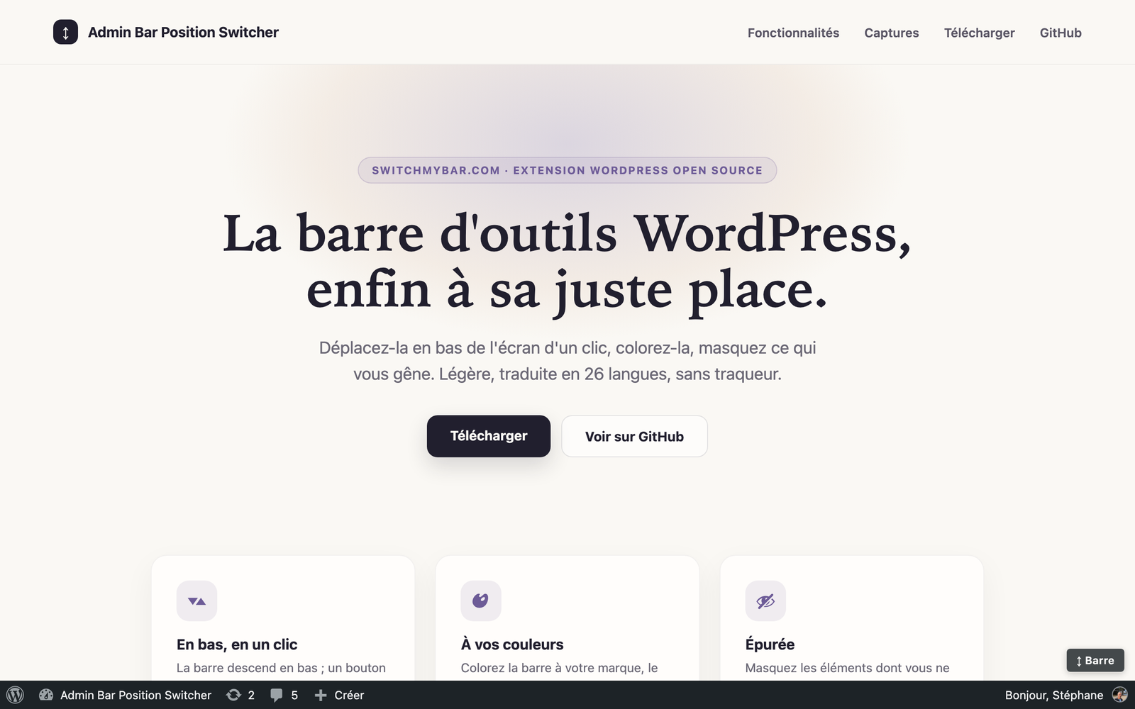 La barre WordPress en bas de l'écran, avec le bouton de bascule