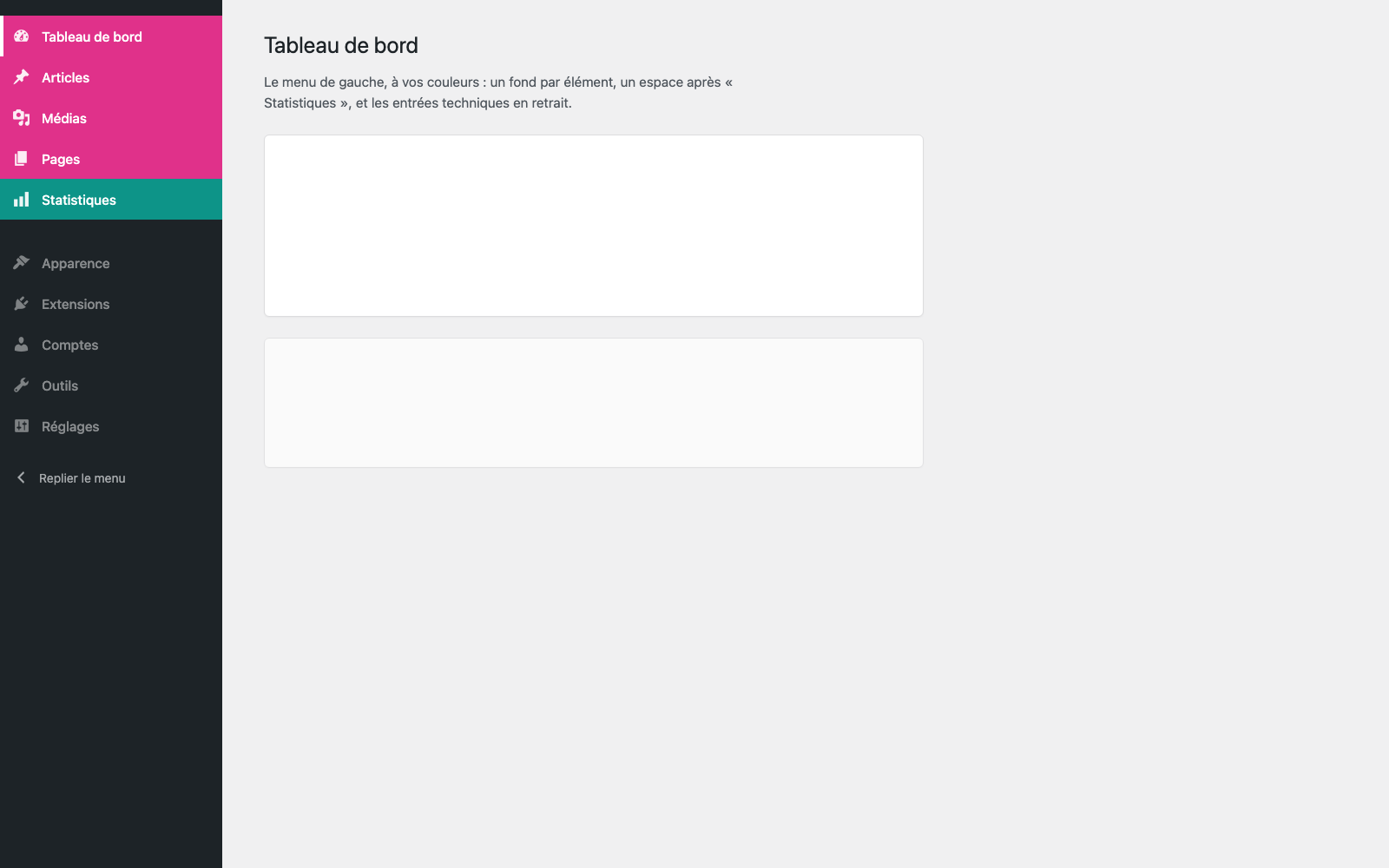 Le menu du back-office colorisé, avec séparateurs