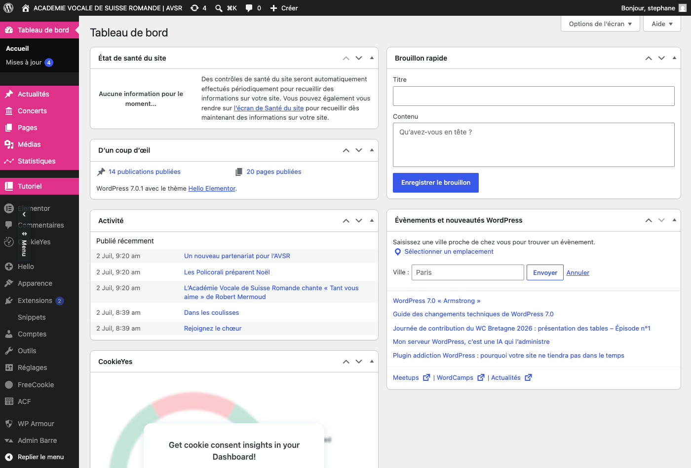 Le menu du back-office colorisé, avec séparateurs